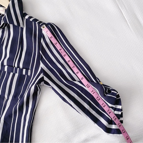 Navy Blue + White Vertical Stripe Shirtdress with Gold Buttons - Picture 7 of 11